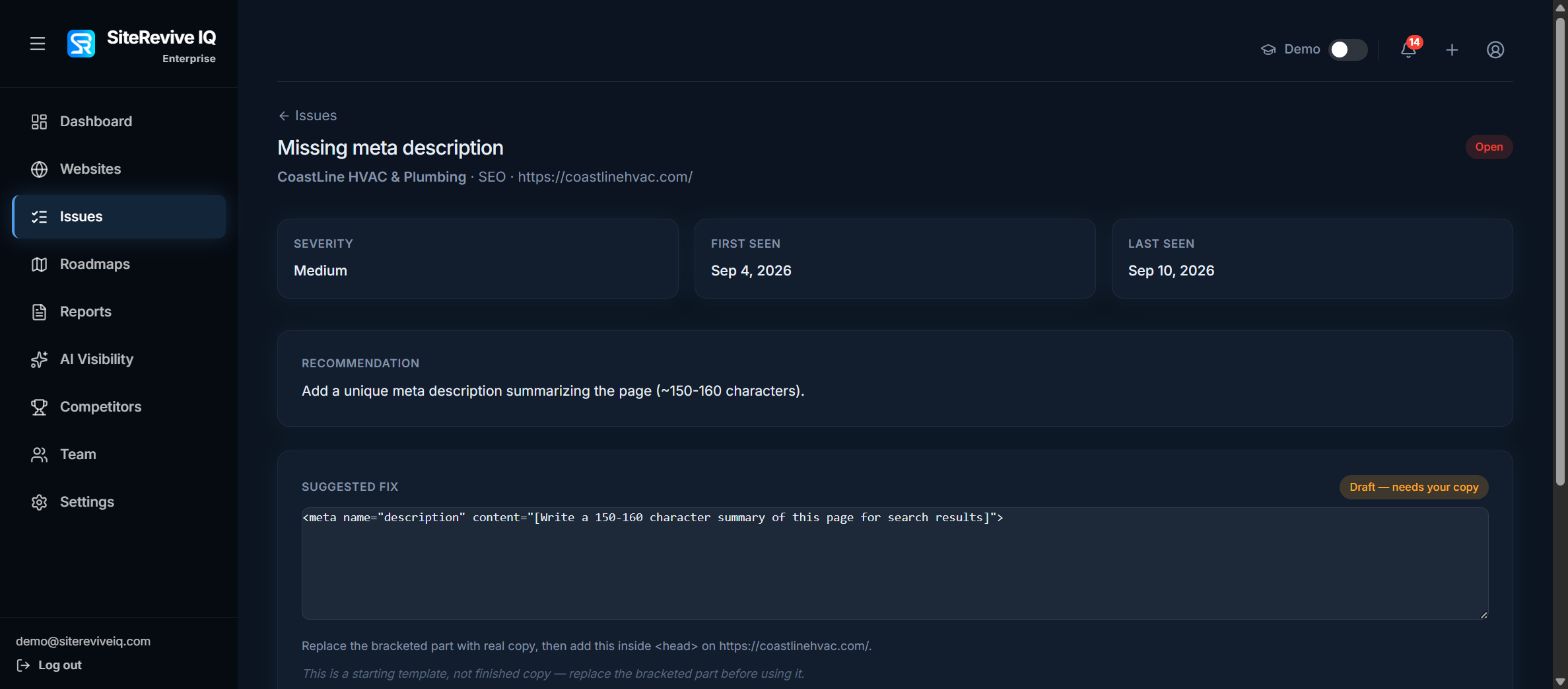 SiteRevive IQ Basic issue detail on desktop