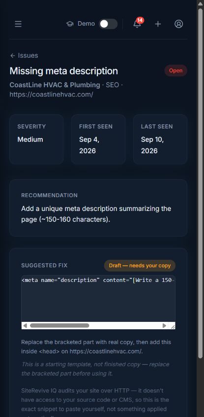 SiteRevive IQ Basic issue detail on mobile